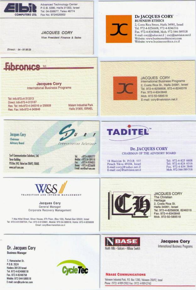 business cards of Cory's Contacts